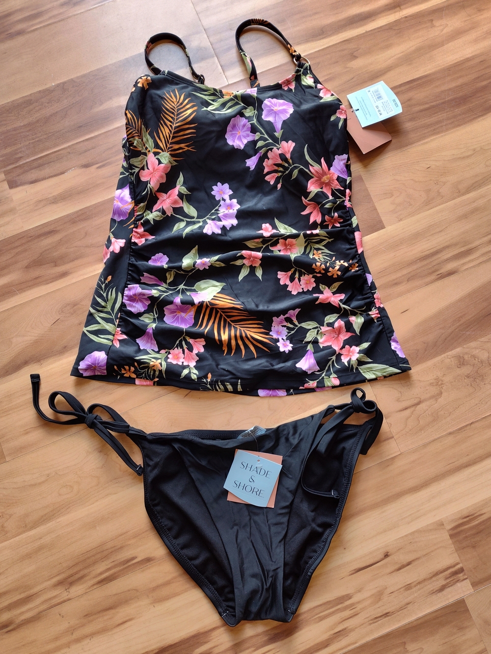 Shade & Shore Black Floral Tankini with Black Bikini Bottoms